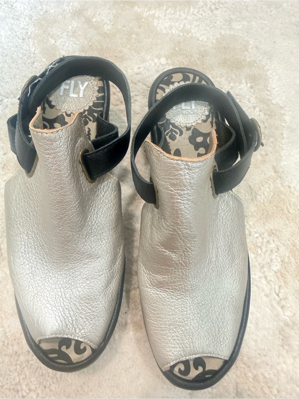 Fly London Silver Leather Open-Toe Slingback Clog Mules